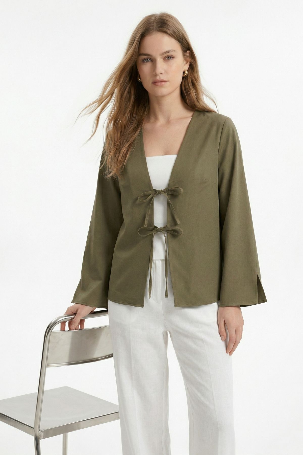 Haki Yırtmaçlı İspanyol Kol Ön Bağlama Kimono 5425 - 1