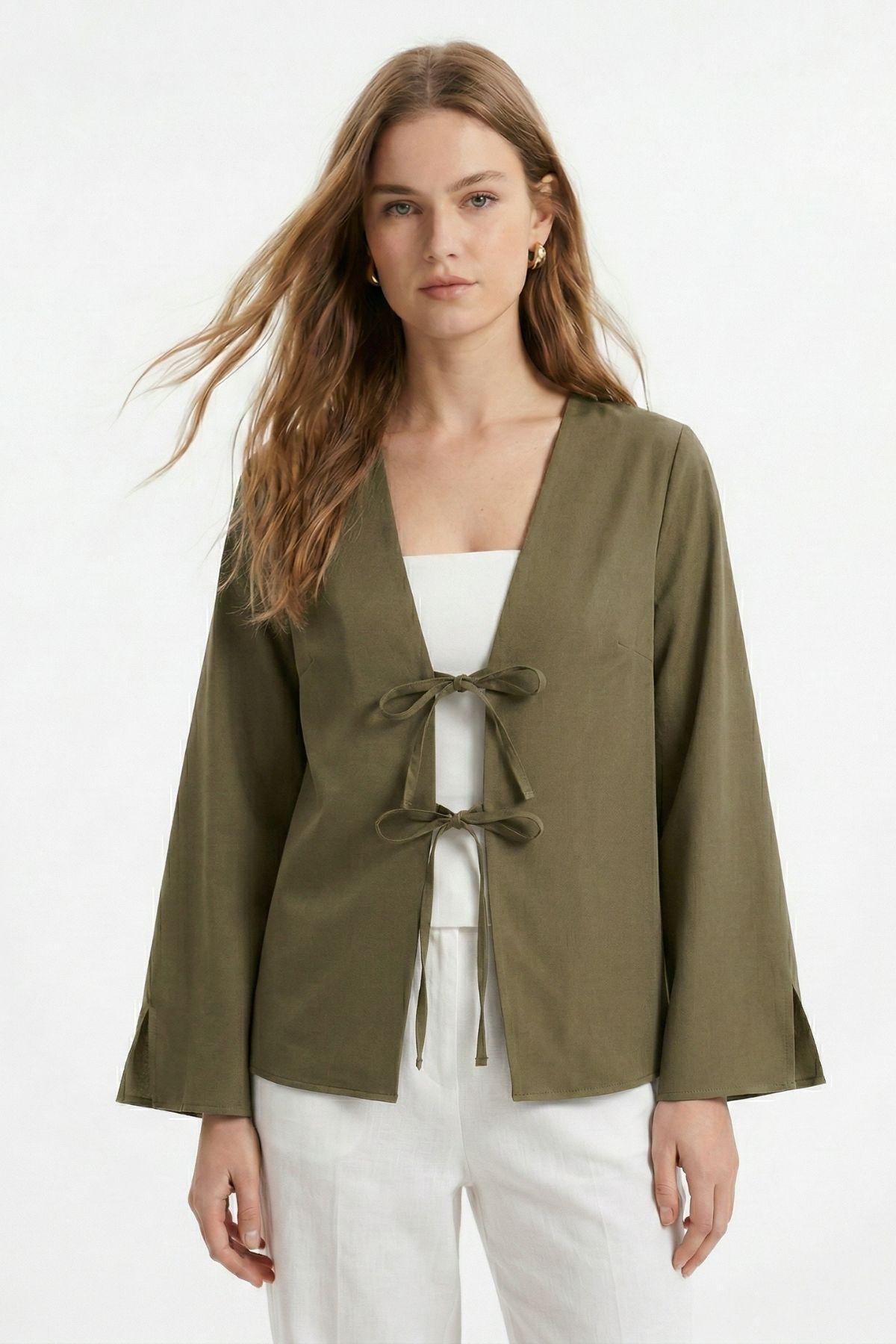 Haki Yırtmaçlı İspanyol Kol Ön Bağlama Kimono 5425 - RAYS (1)