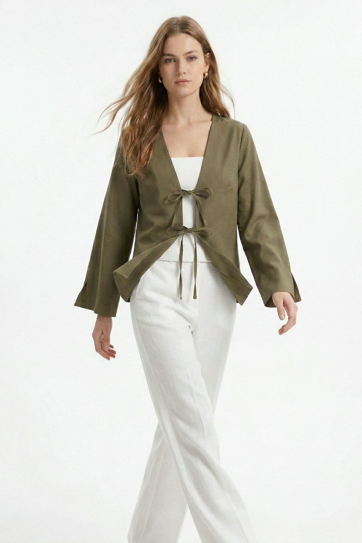 Haki Yırtmaçlı İspanyol Kol Ön Bağlama Kimono 5425 - RAYS