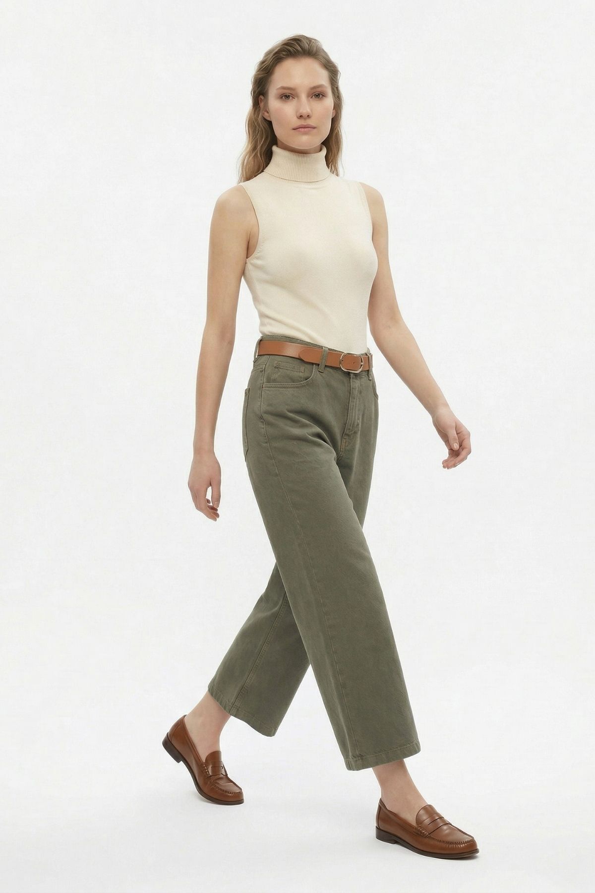 Haki Yüksek Bel Kemerli Düz Paça Jean 3085 - RAYS