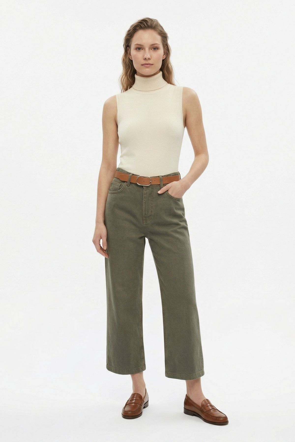 Haki Yüksek Bel Kemerli Düz Paça Jean 3085 - 2