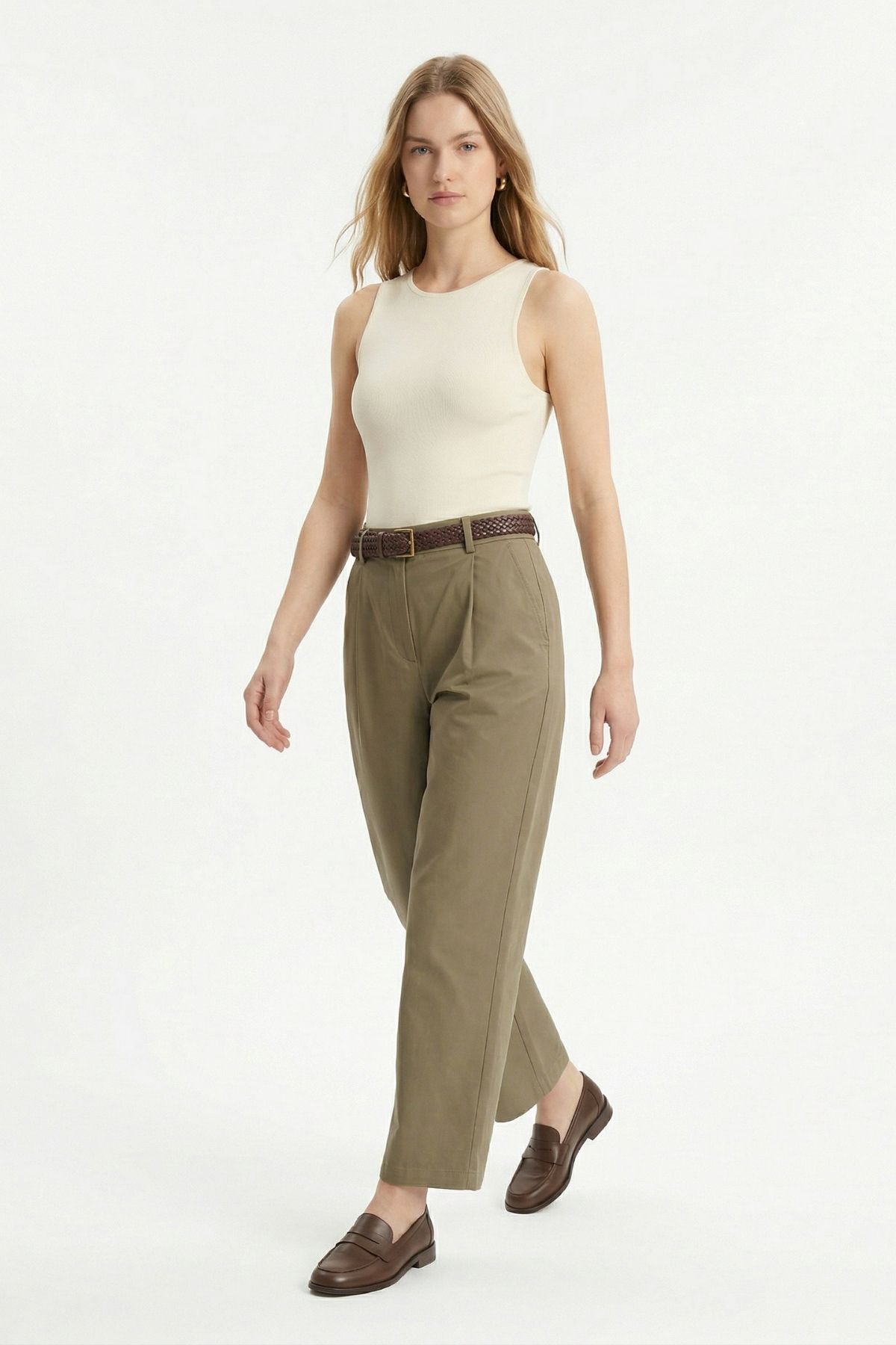 Haki Yüksek Bel Kemerli Pileli Pantolon 3918 