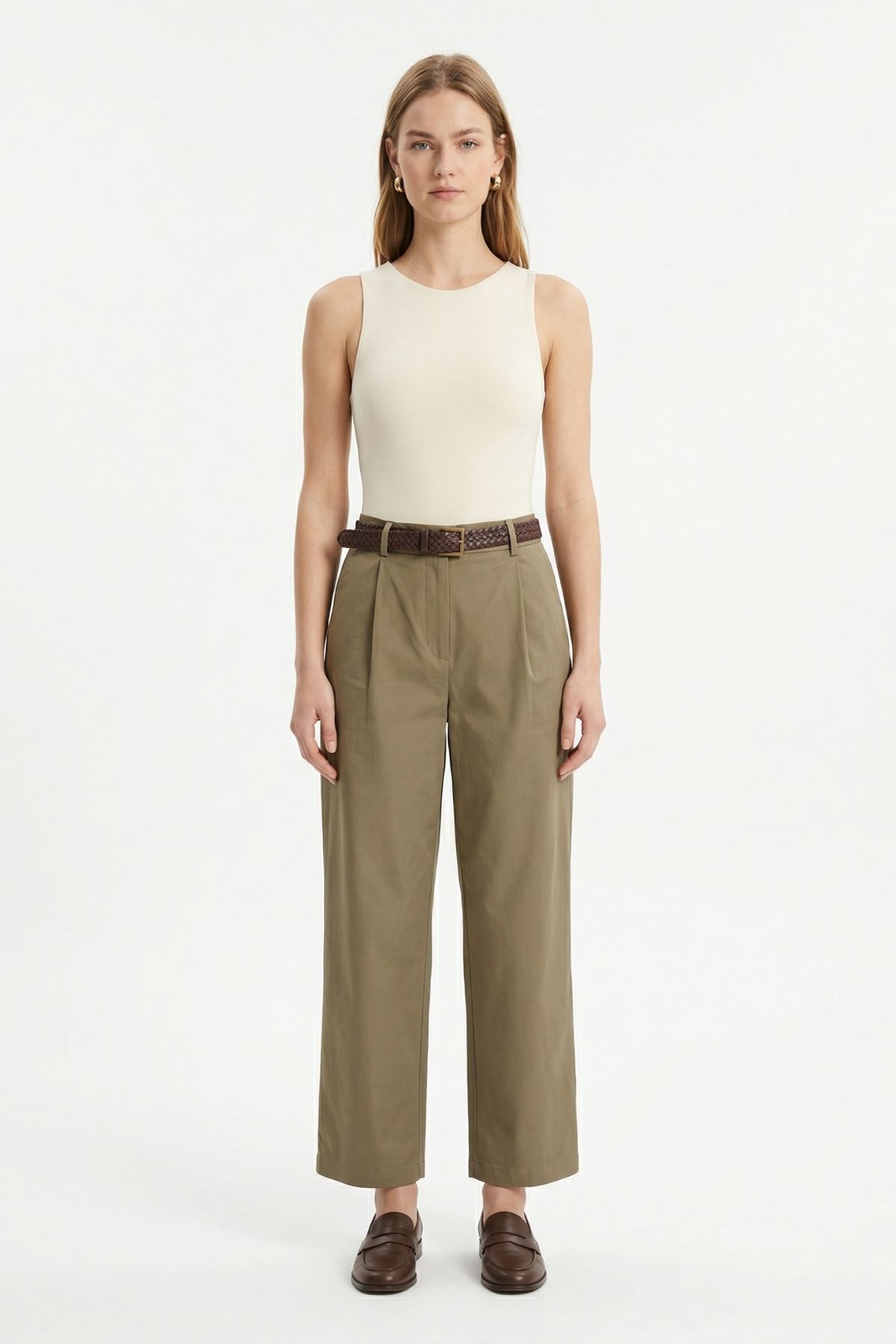 Haki Yüksek Bel Kemerli Pileli Pantolon 3918 - 2