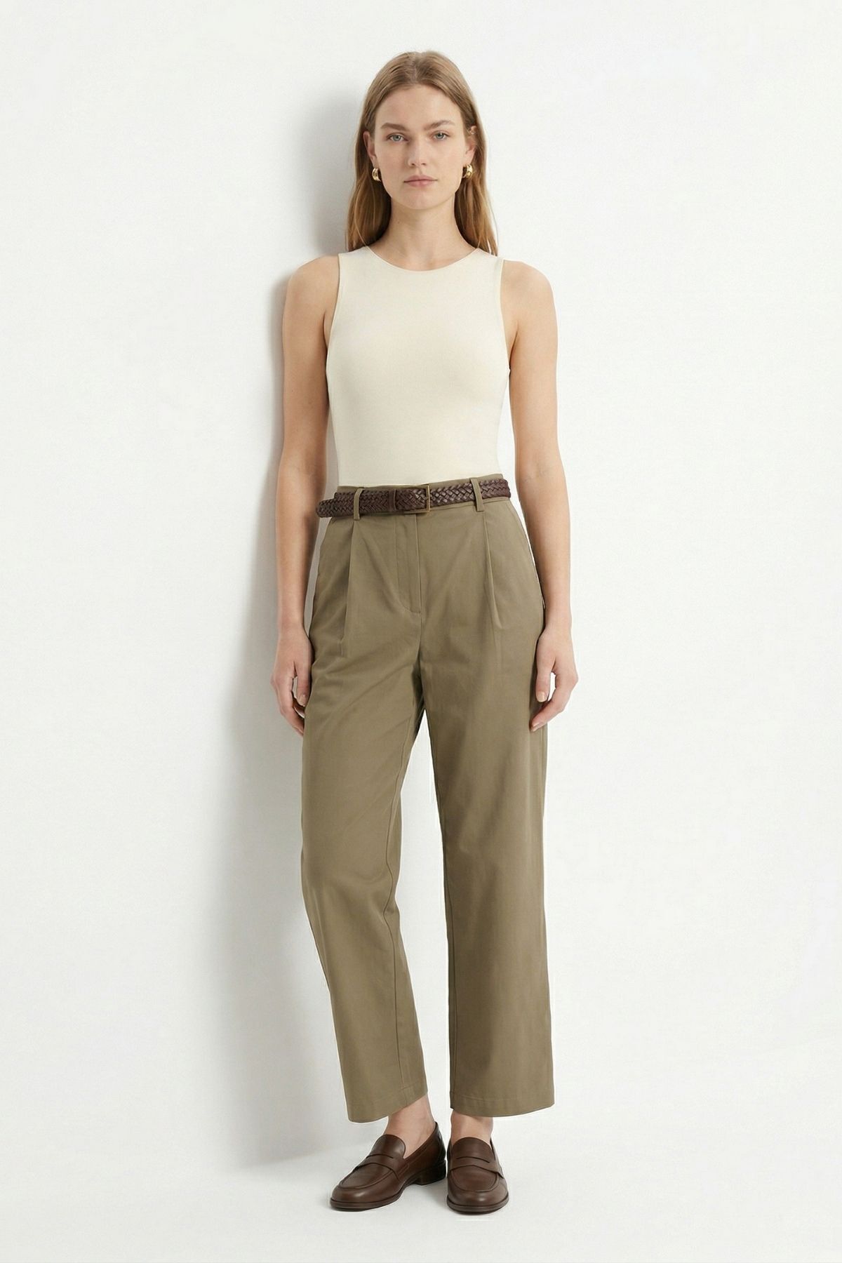 Haki Yüksek Bel Kemerli Pileli Pantolon 3918 - 3