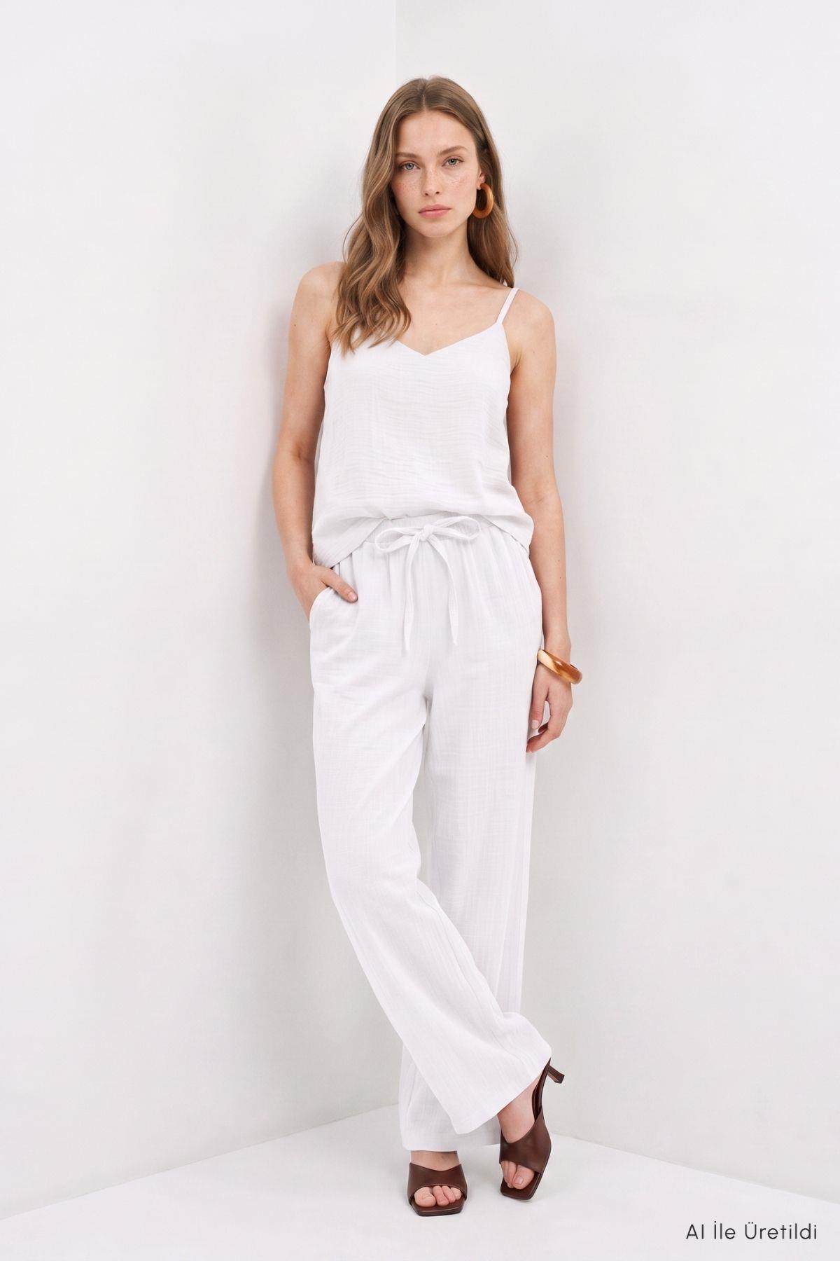 İnce Askılı Bluz Pantolon Takım 8661A Ekru - RAYS
