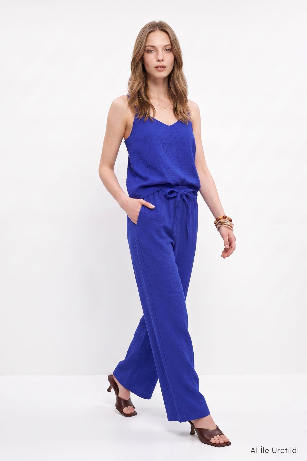 İnce Askılı Bluz Pantolon Takım 8661A Saks - 1