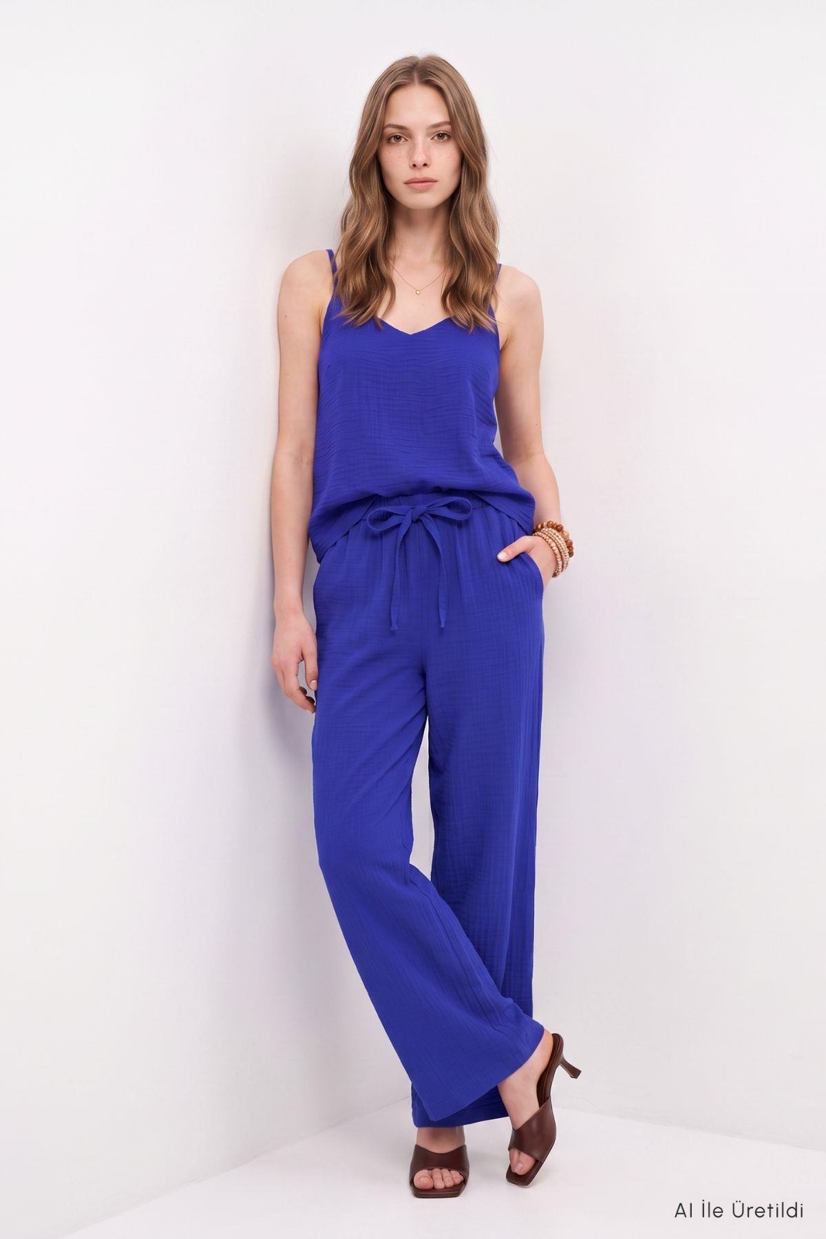 İnce Askılı Bluz Pantolon Takım 8661A Saks - RAYS