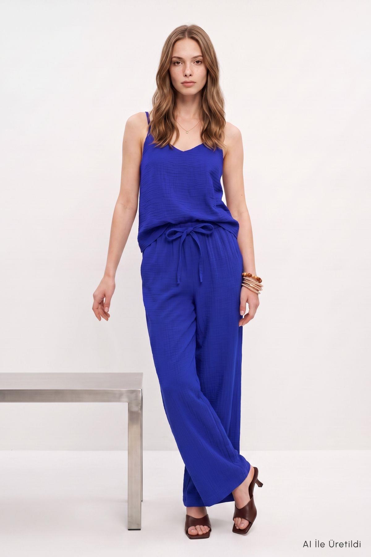 İnce Askılı Bluz Pantolon Takım 8661A Saks - RAYS