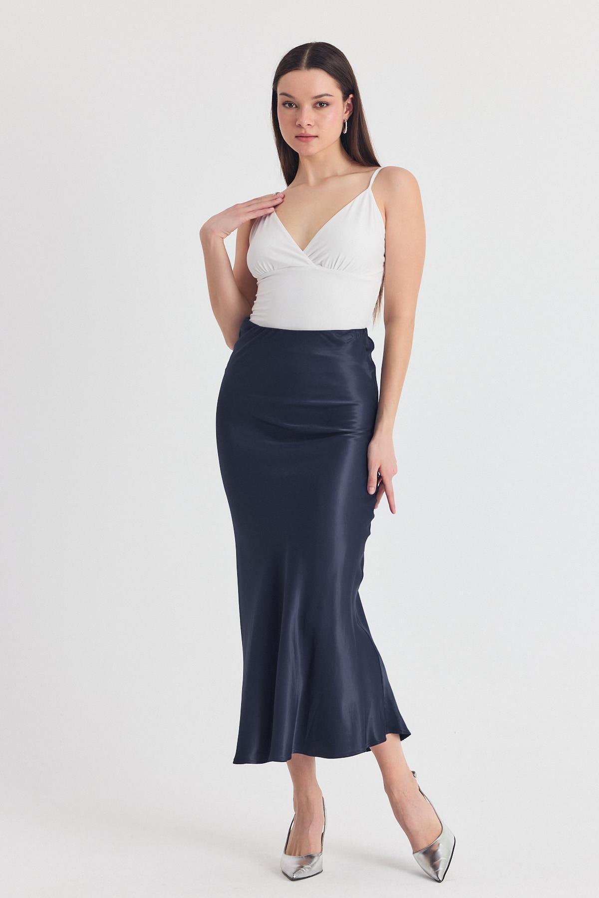 İndigo Beli Lastikli Saten Midi Etek 9427 