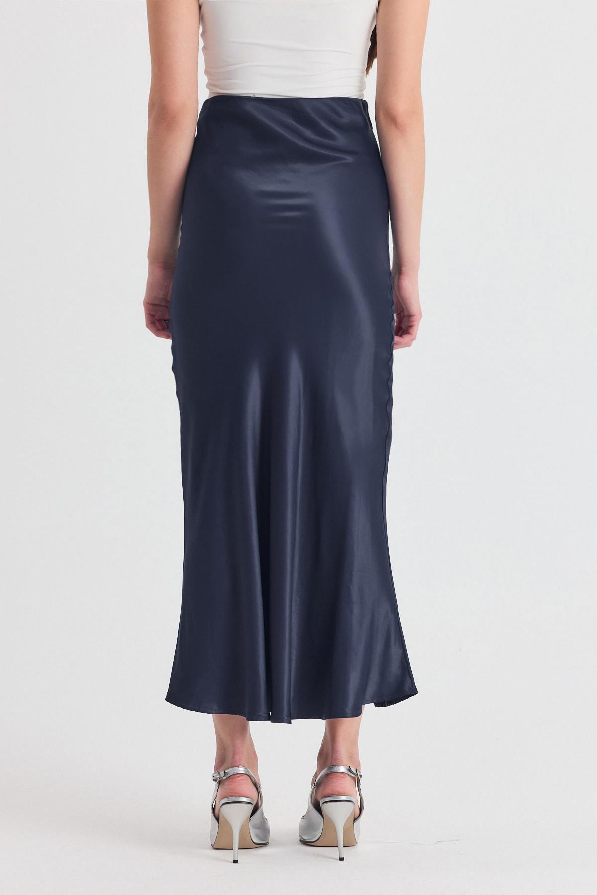 İndigo Beli Lastikli Saten Midi Etek 9427 - 5