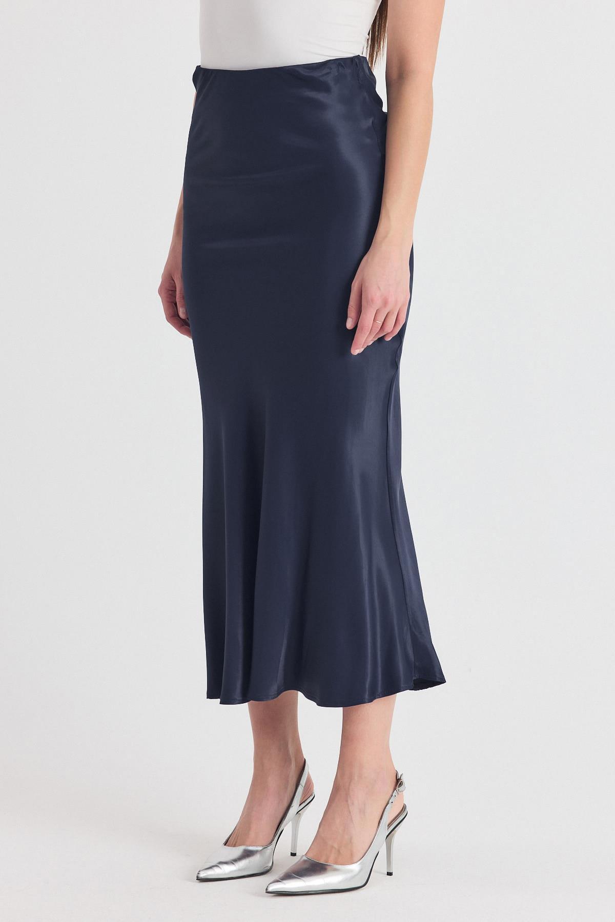 İndigo Beli Lastikli Saten Midi Etek 9427 - 2