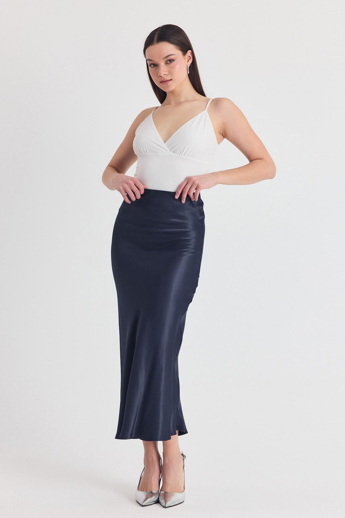 İndigo Beli Lastikli Saten Midi Etek 9427 - 6