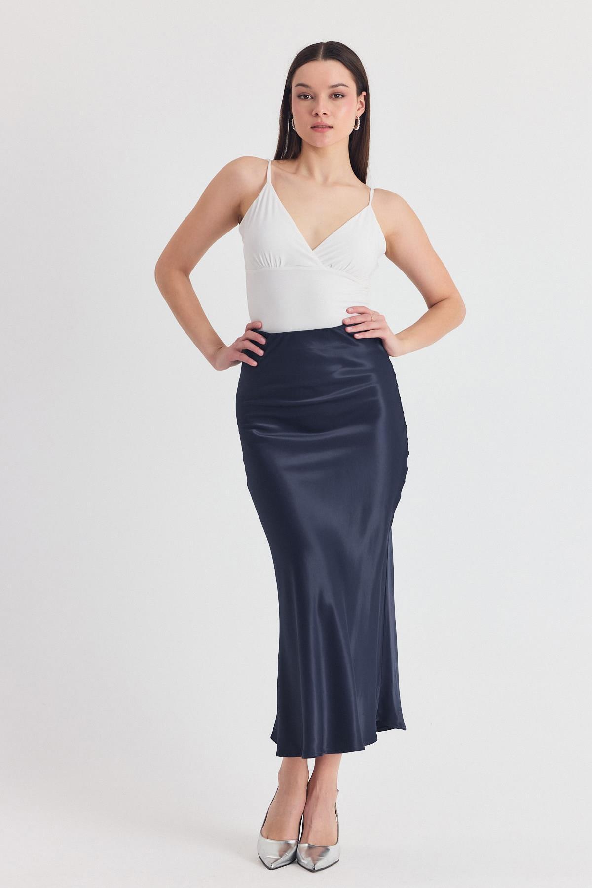 İndigo Beli Lastikli Saten Midi Etek 9427 - 3