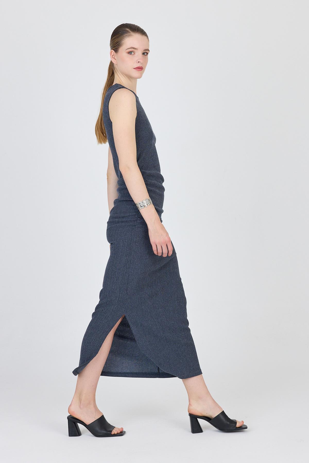 İndigo Bisiklet Yaka Yanları Büzgülü Uzun Elbise 1489 - RAYS