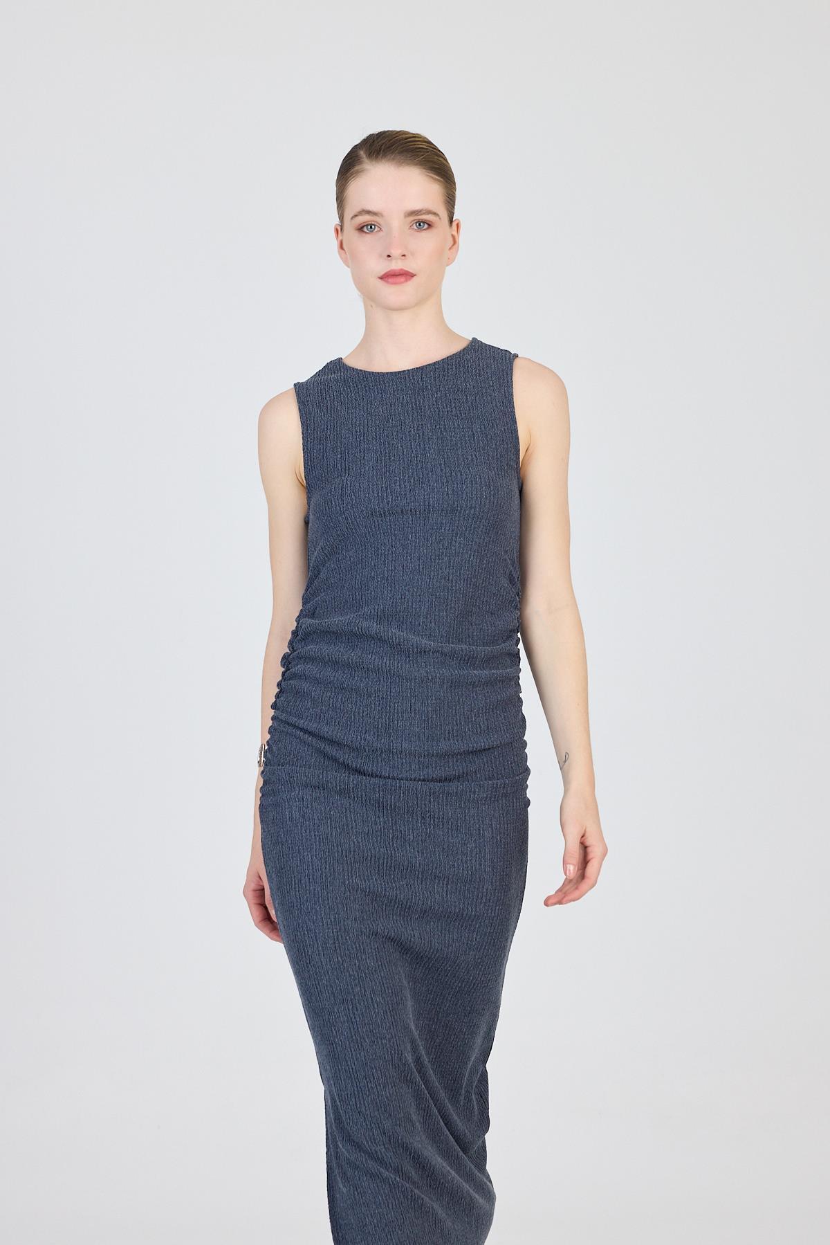 İndigo Bisiklet Yaka Yanları Büzgülü Uzun Elbise 1489 - RAYS