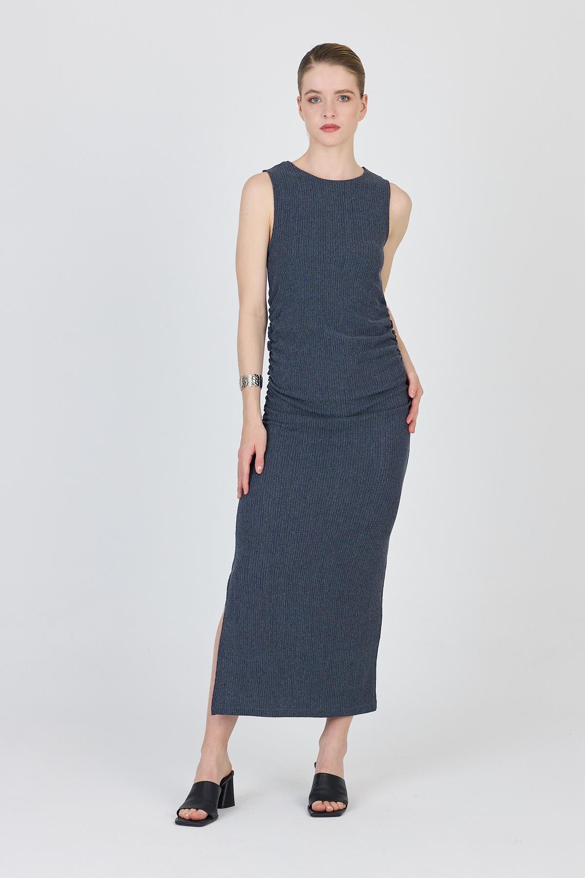 İndigo Bisiklet Yaka Yanları Büzgülü Uzun Elbise 1489 - 1