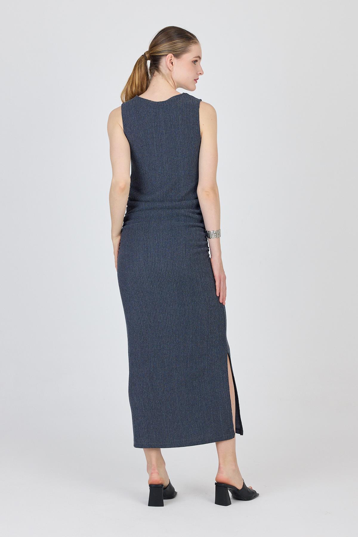 İndigo Bisiklet Yaka Yanları Büzgülü Uzun Elbise 1489 - 5