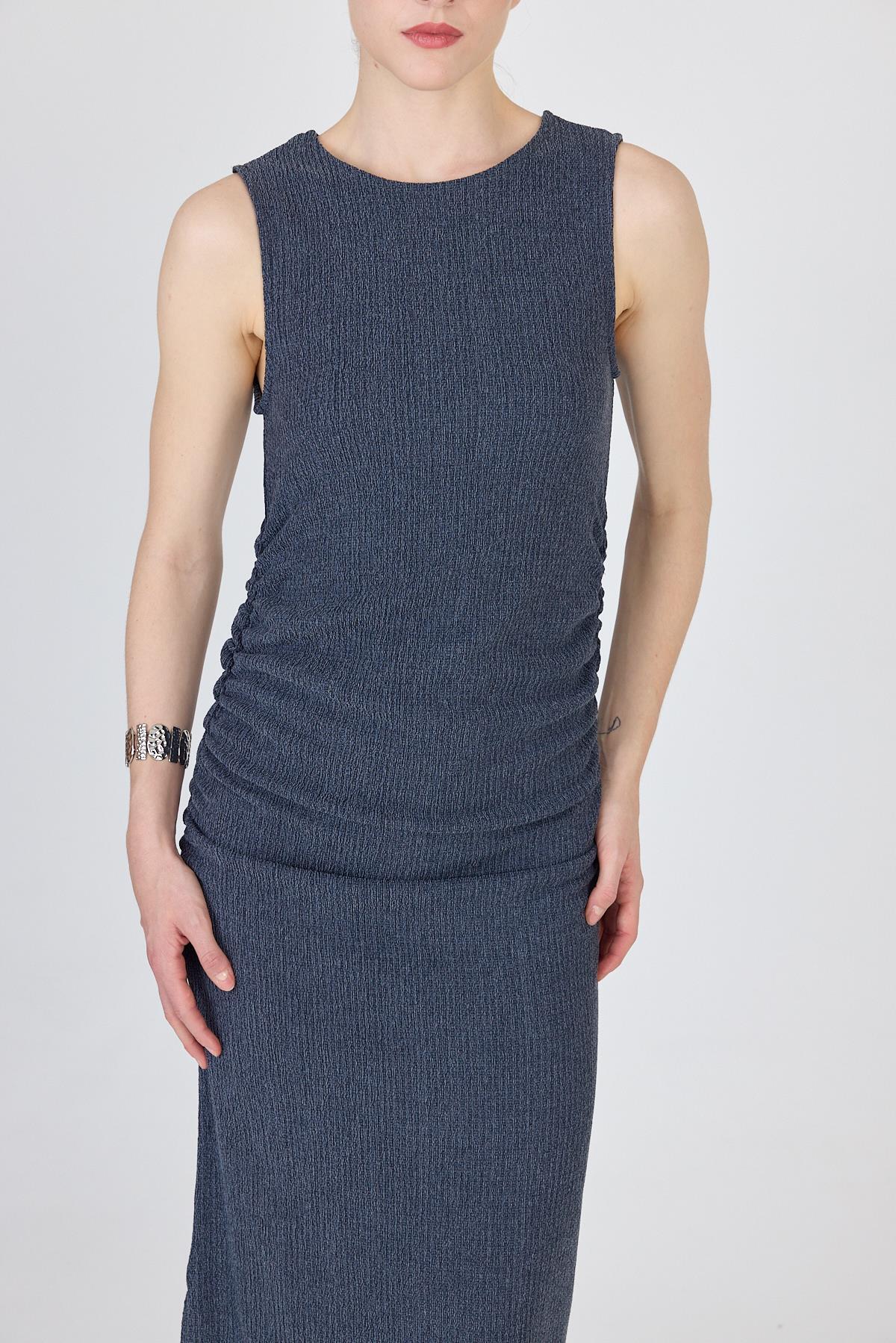 İndigo Bisiklet Yaka Yanları Büzgülü Uzun Elbise 1489 - 4