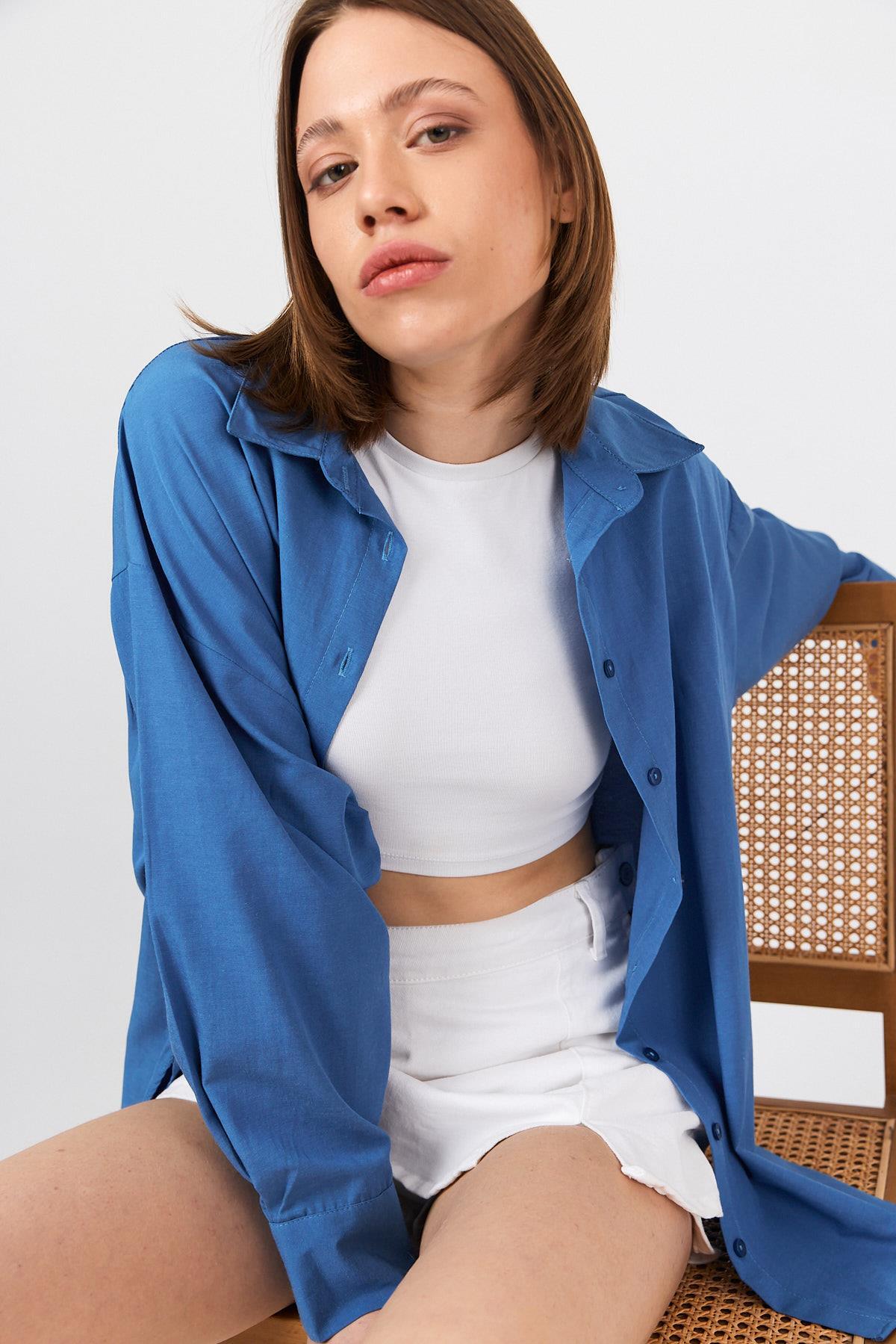 İndigo Oversize Basic Uzun Gömlek 4664A - 4
