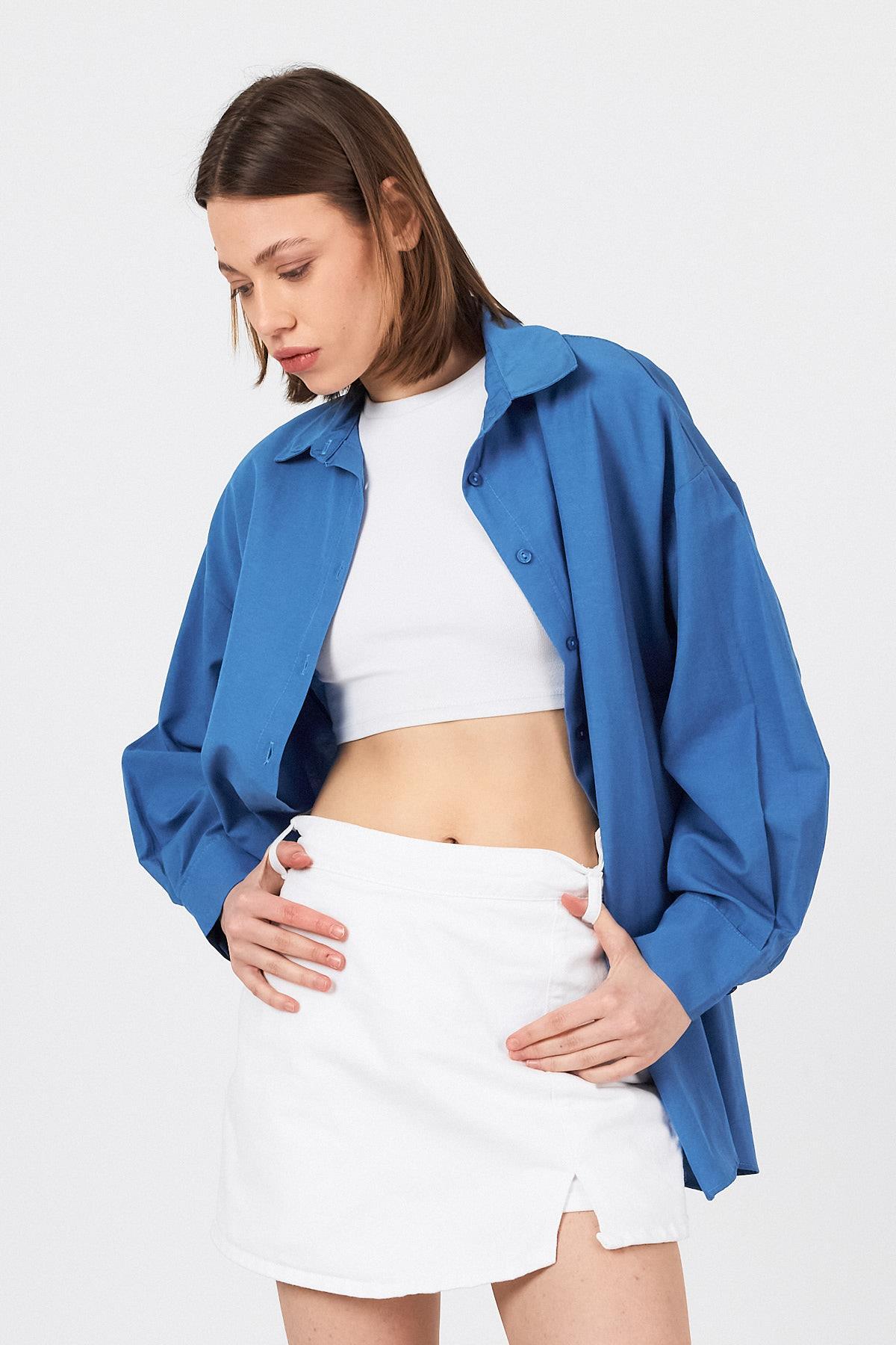 İndigo Oversize Basic Uzun Gömlek 4664A - 8
