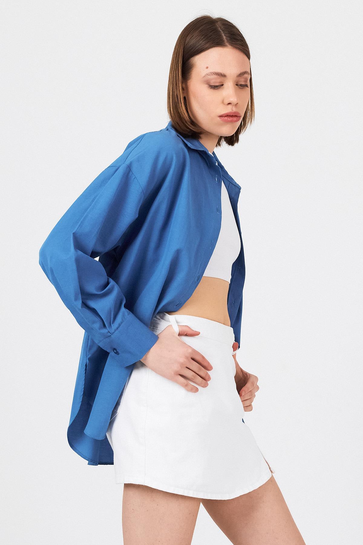 İndigo Oversize Basic Uzun Gömlek 4664A - 7