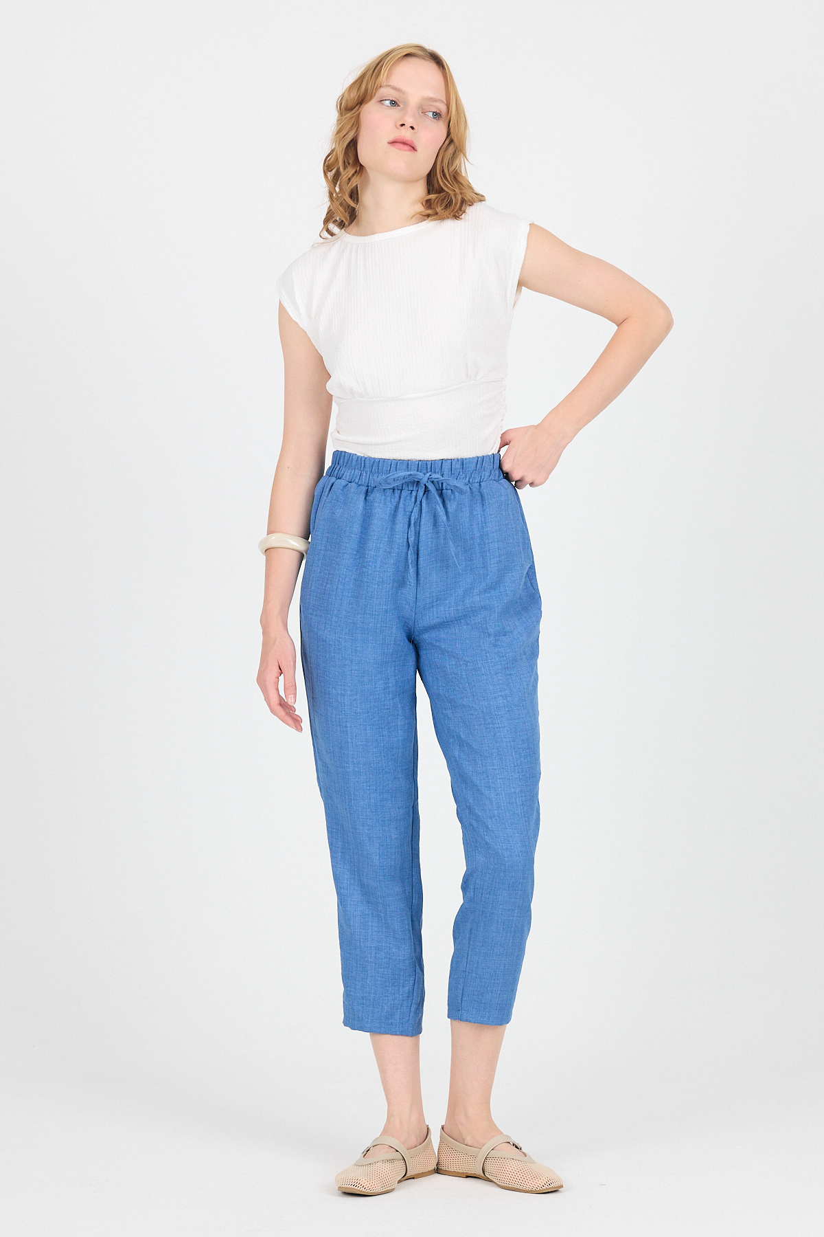 İndigo Pamuklu Bel Lastikli Düz Paça Düz Paça Pantolon 4800 - 6