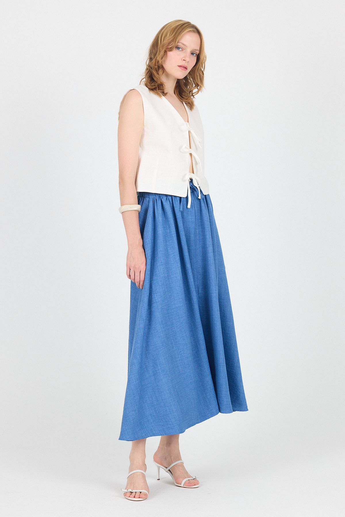 İndigo Pamuklu Çan Kesim Bağcıklı Uzun Etek 8024 - 7