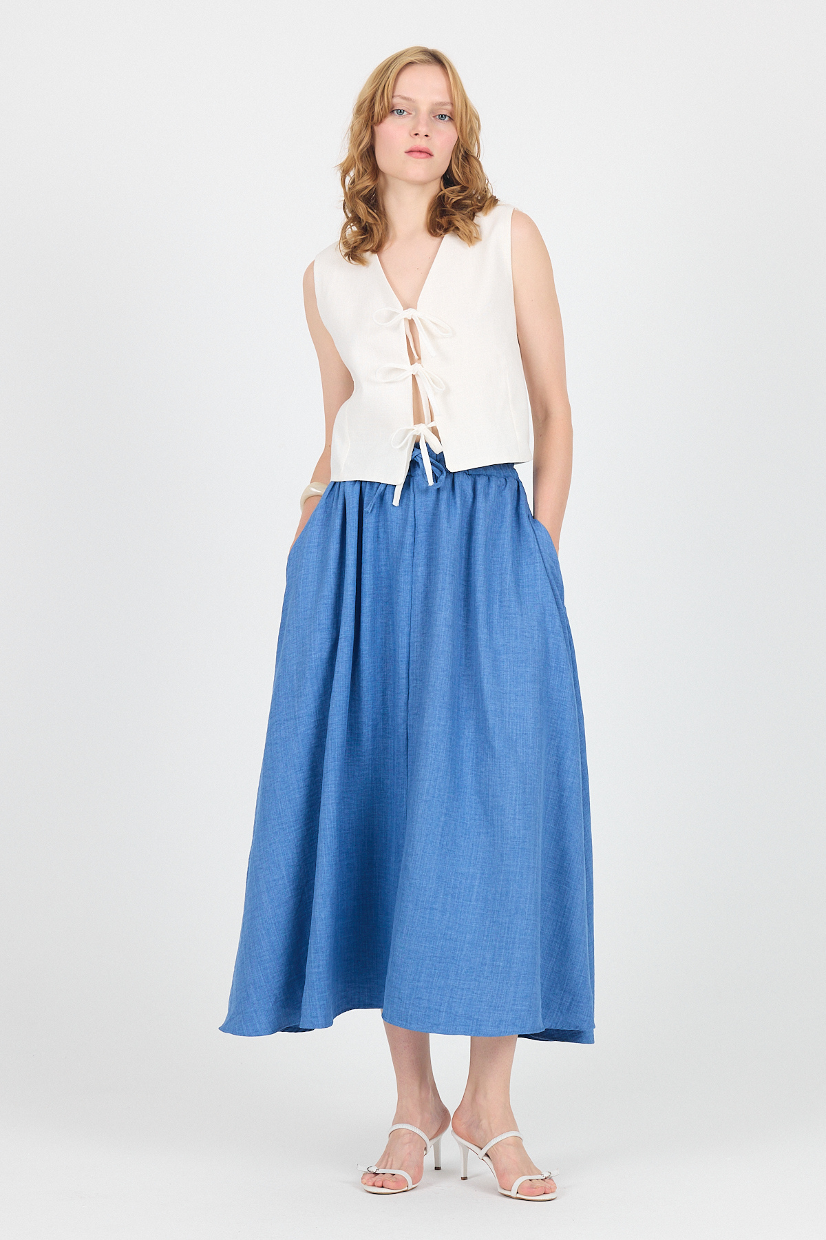 İndigo Pamuklu Çan Kesim Bağcıklı Uzun Etek 8024 - 2