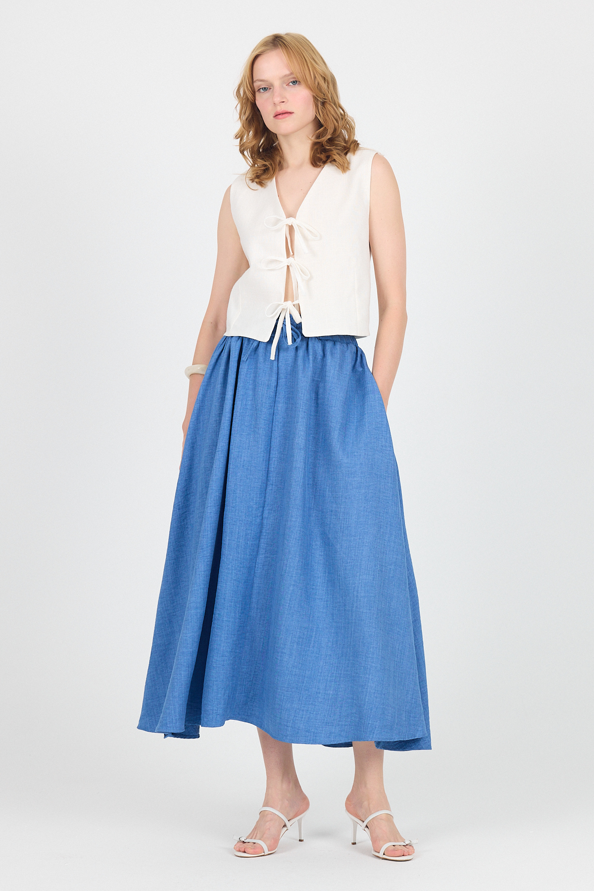 İndigo Pamuklu Çan Kesim Bağcıklı Uzun Etek 8024 - RAYS