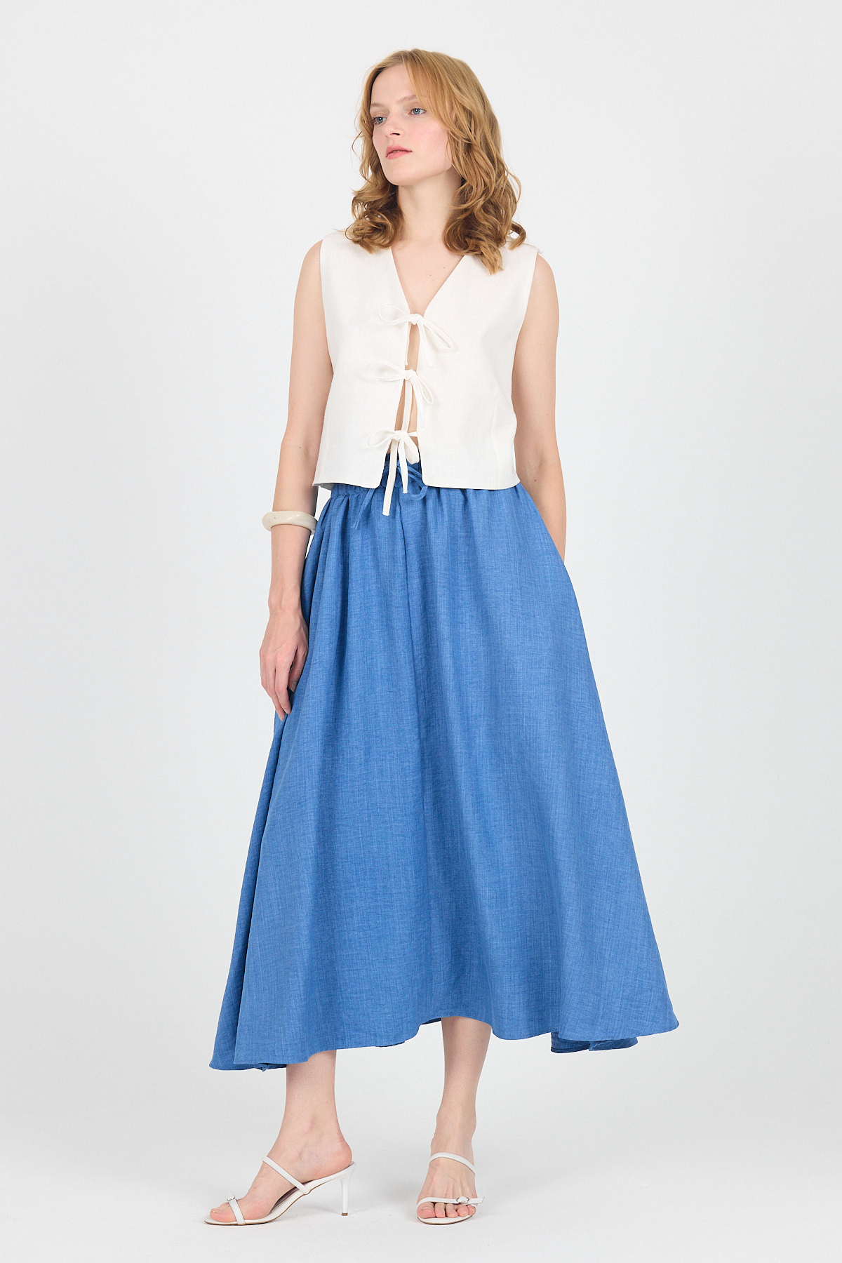 İndigo Pamuklu Çan Kesim Bağcıklı Uzun Etek 8024 - 6