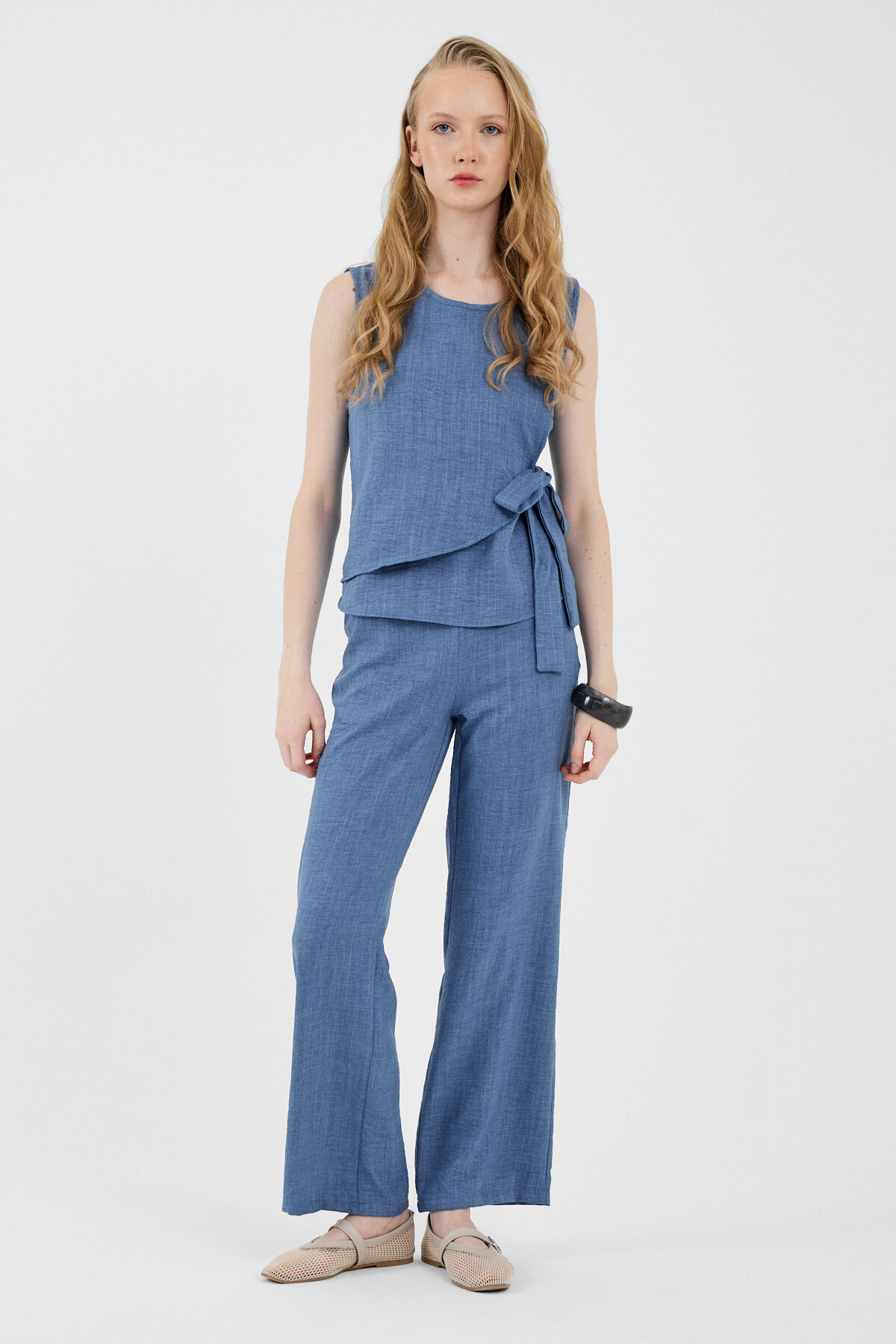 İndigo Pamuklu Yan Bağlama Detaylı İkili Takım 8079A - RAYS