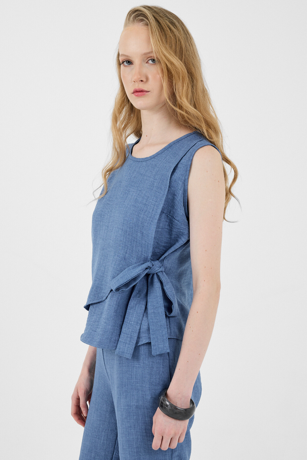 İndigo Pamuklu Yan Bağlama Detaylı İkili Takım 8079A - 2