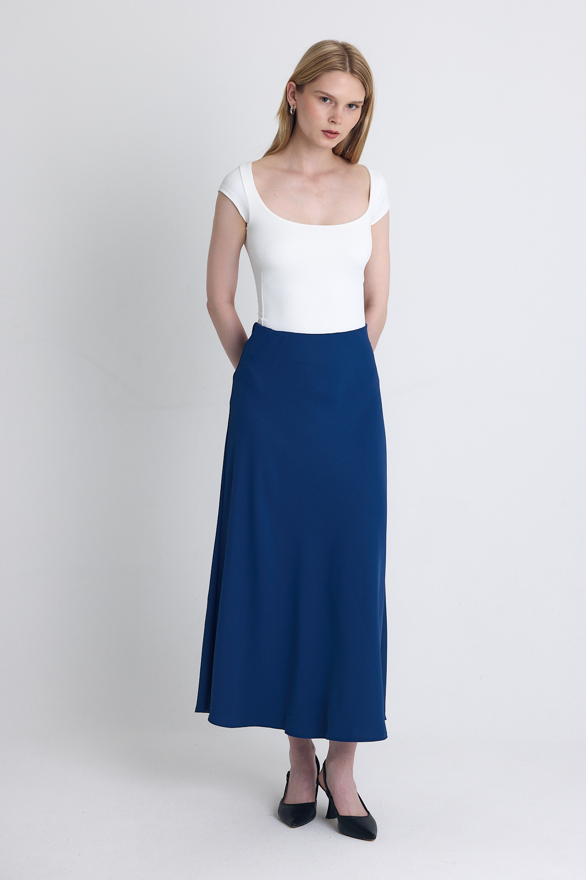 İndigo Yüksek Bel Midi A Kesim Etek 241312 - 6