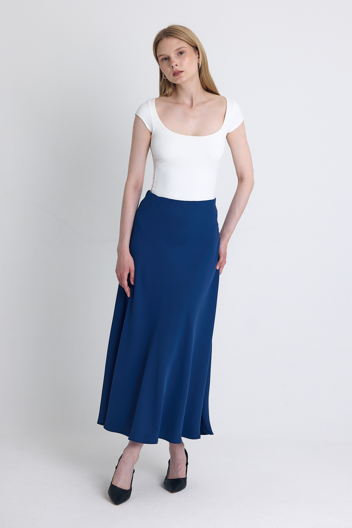 İndigo Yüksek Bel Midi A Kesim Etek 241312 