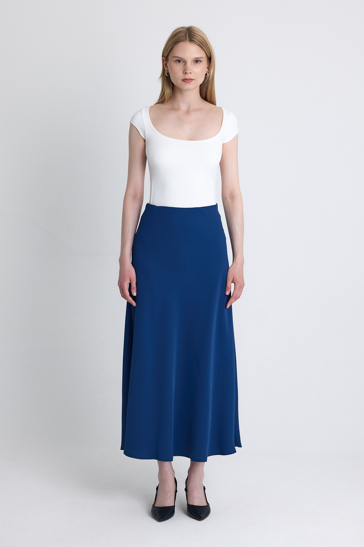 İndigo Yüksek Bel Midi A Kesim Etek 241312 - 3