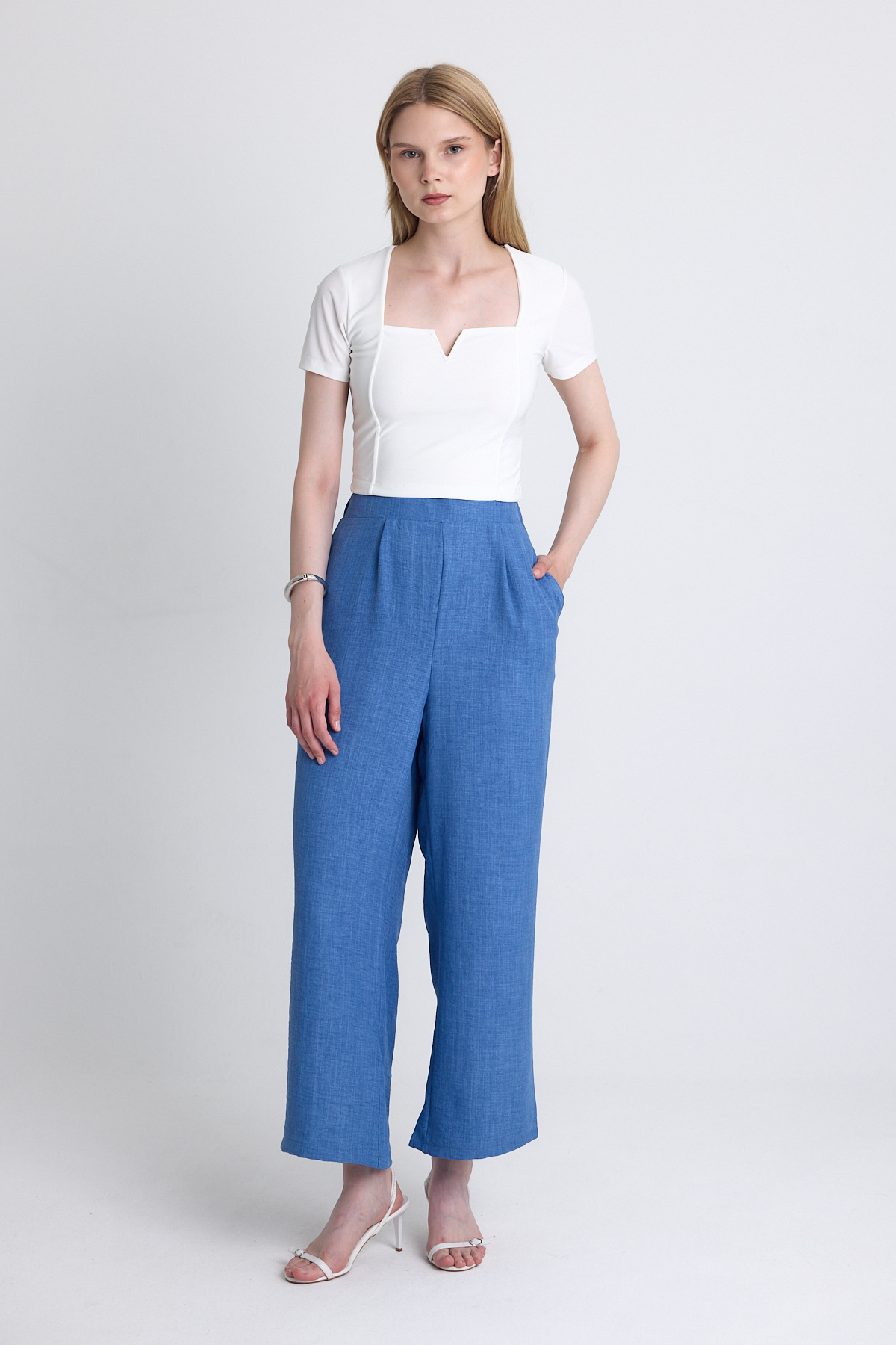 İndigo Yüksek Bel Ön Pile Detaylı Pamuklu Bol Paça Pantolon 8014A - RAYS