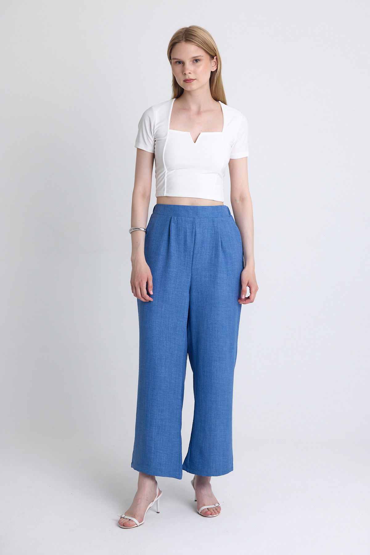 İndigo Yüksek Bel Ön Pile Detaylı Pamuklu Bol Paça Pantolon 8014A - 1