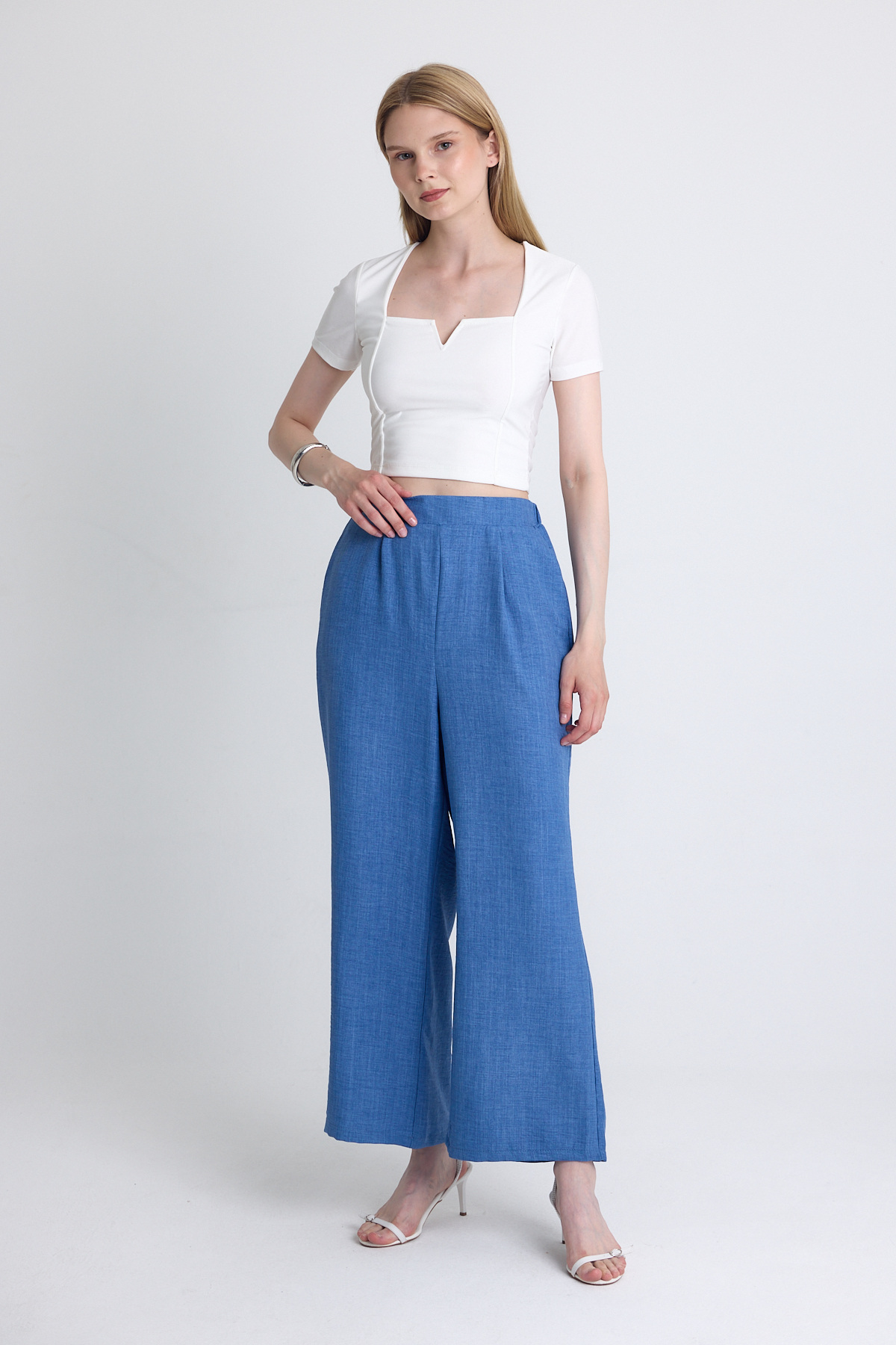 İndigo Yüksek Bel Ön Pile Detaylı Pamuklu Bol Paça Pantolon 8014A - 6