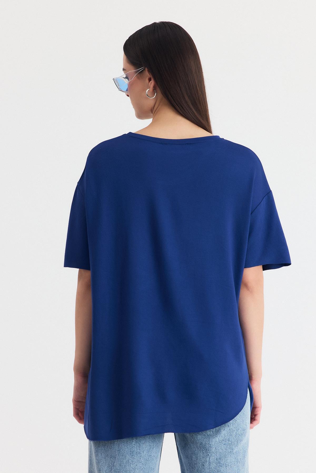 İndigo Yumuşak Dokulu Esnek Premium Kumaş Lazer Kesim Oversize Tişört 1868 - 5