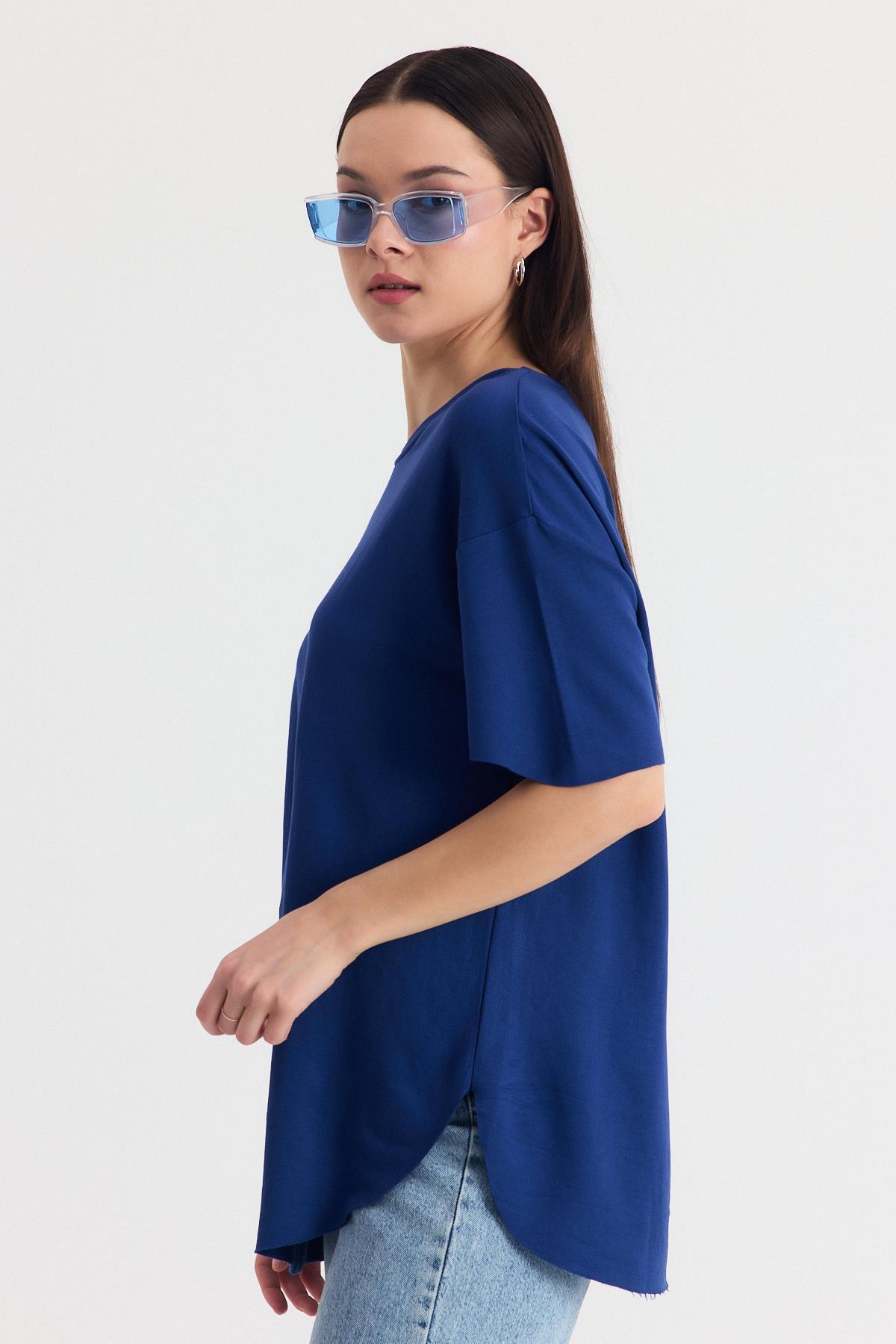 İndigo Yumuşak Dokulu Esnek Premium Kumaş Lazer Kesim Oversize Tişört 1868 - 3