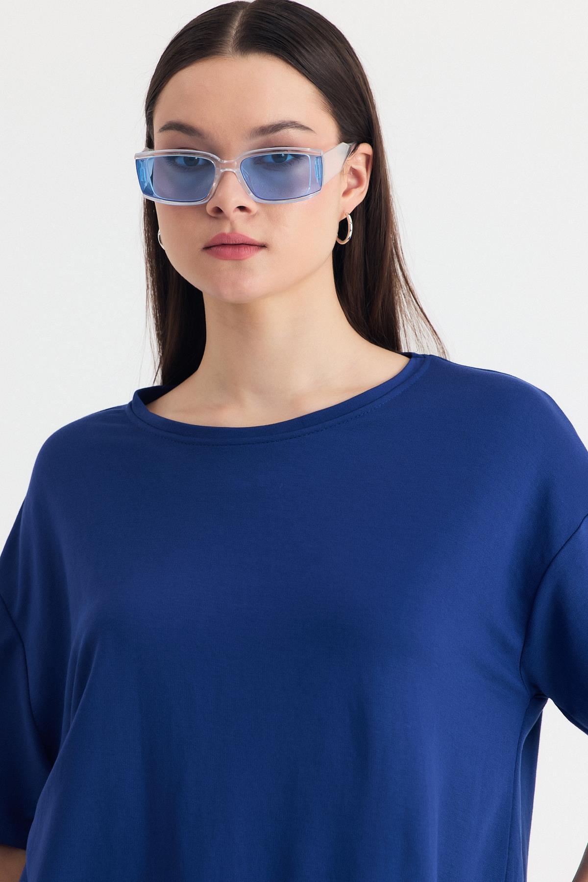 İndigo Yumuşak Dokulu Esnek Premium Kumaş Lazer Kesim Oversize Tişört 1868 - 4