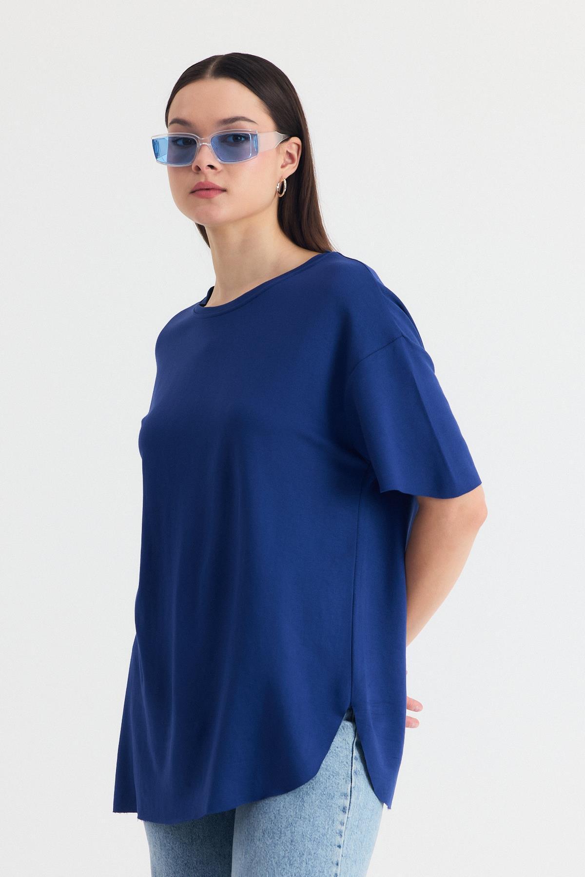 İndigo Yumuşak Dokulu Esnek Premium Kumaş Lazer Kesim Oversize Tişört 1868 - 6