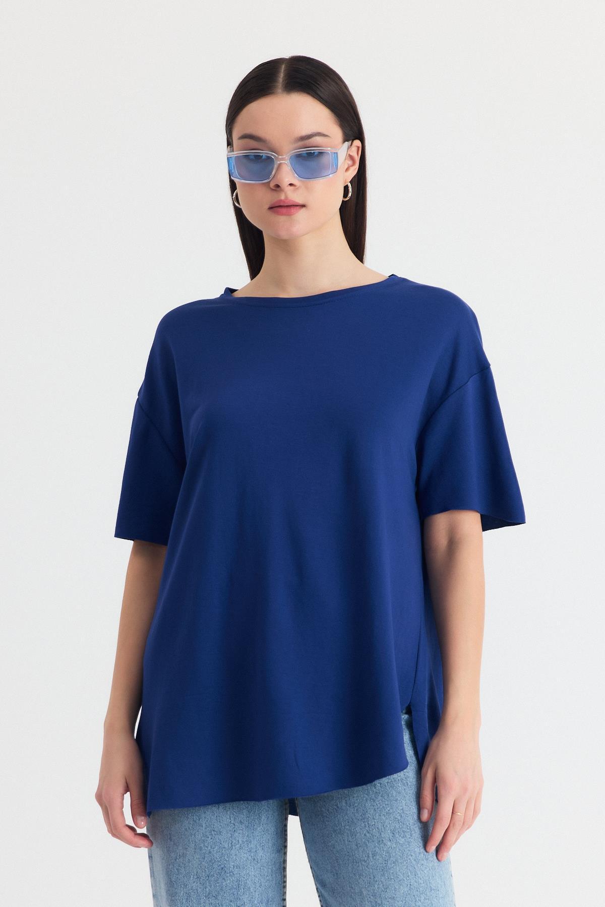 İndigo Yumuşak Dokulu Esnek Premium Kumaş Lazer Kesim Oversize Tişört 1868 