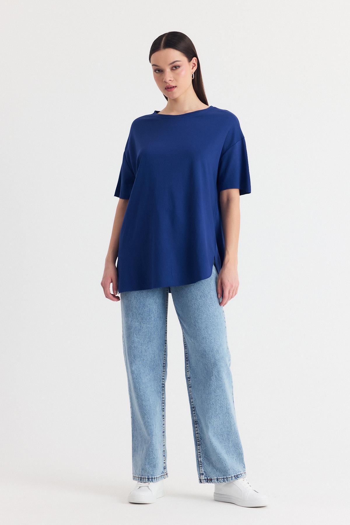 İndigo Yumuşak Dokulu Esnek Premium Kumaş Lazer Kesim Oversize Tişört 1868 - 2
