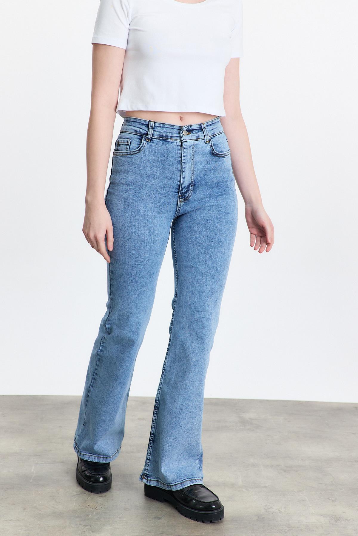 Buz Yüksek Bel Flare Kesim Kadın Jean Pantolon 12036 - 2