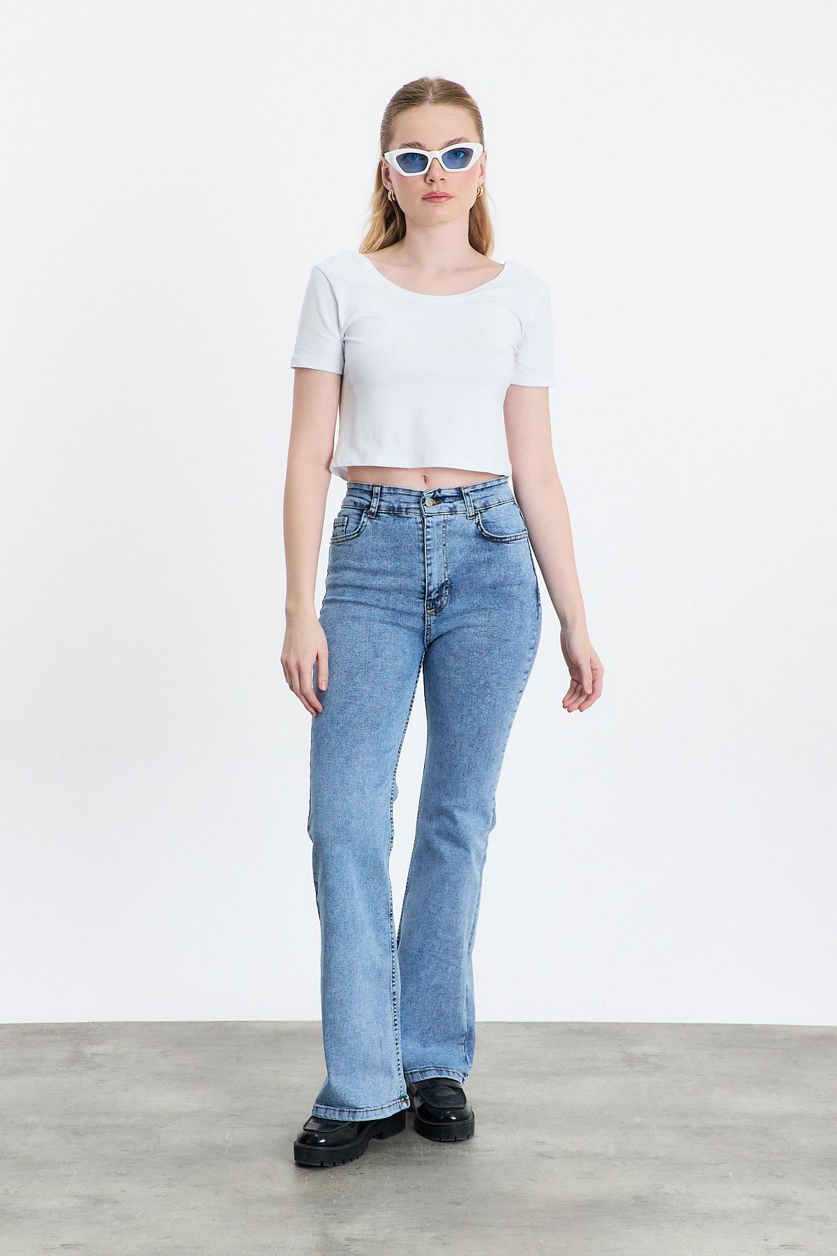 Buz Yüksek Bel Flare Kesim Kadın Jean Pantolon 12036 