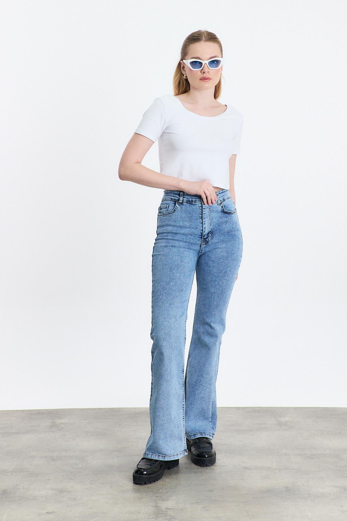 Buz Yüksek Bel Flare Kesim Kadın Jean Pantolon 12036 - 7