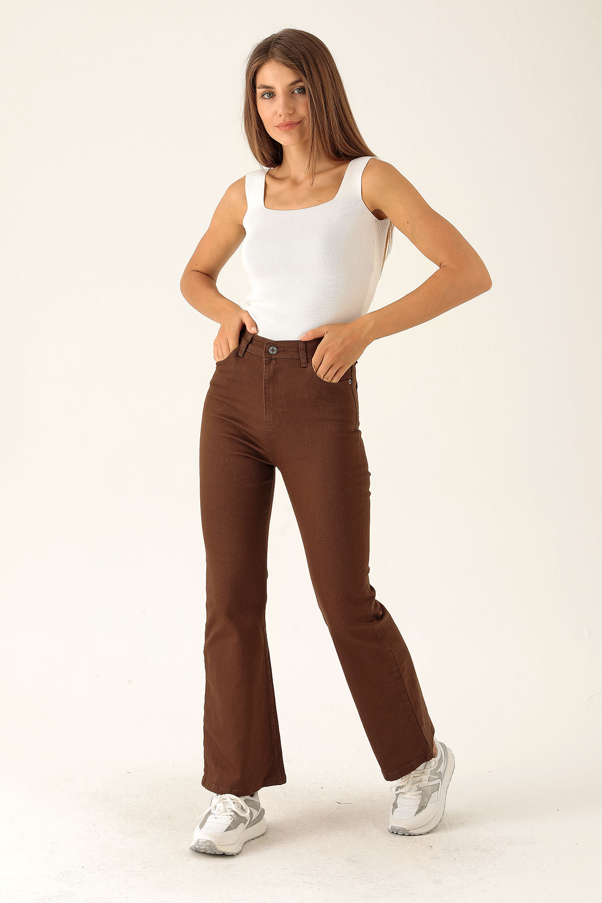 Kahve Yüksek Bel Flare Kesim Kadın Jean Pantolon 12036 - 1