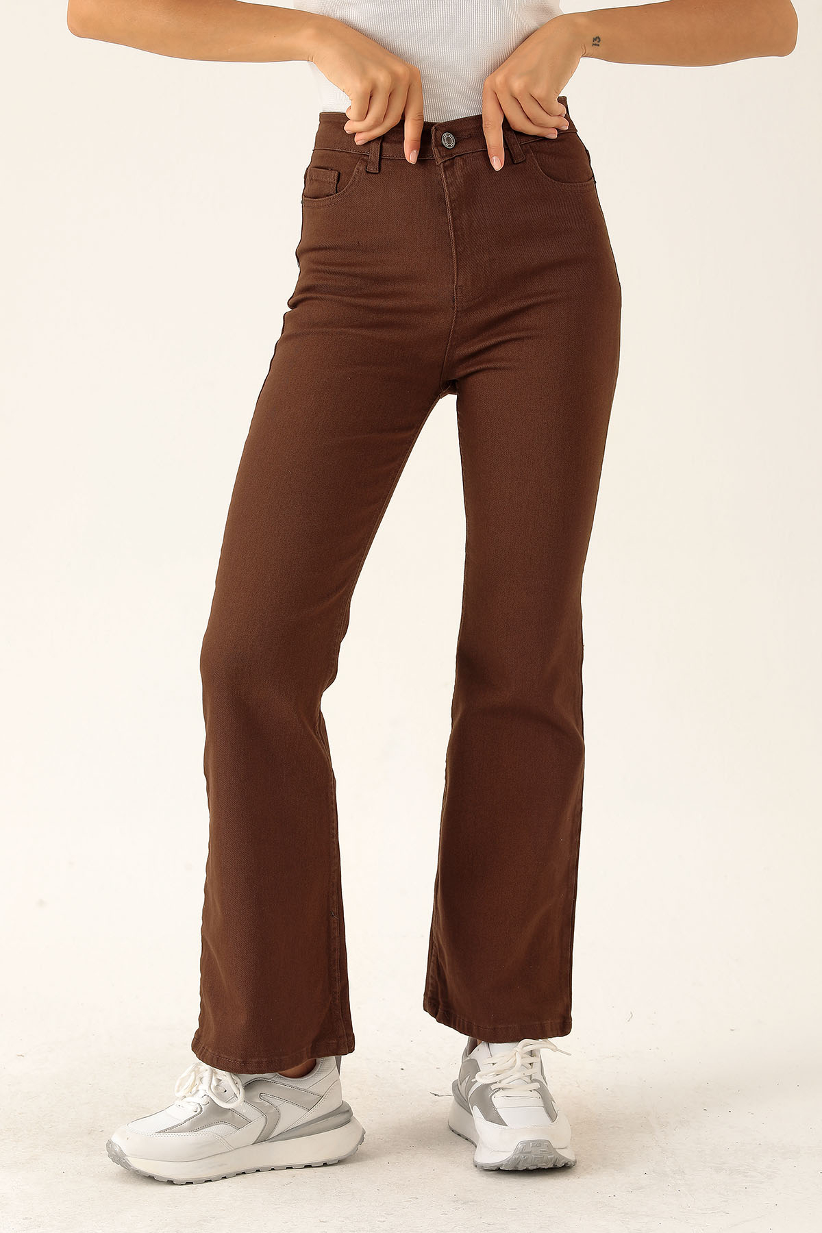 Kahve Yüksek Bel Flare Kesim Kadın Jean Pantolon 12036 - 4