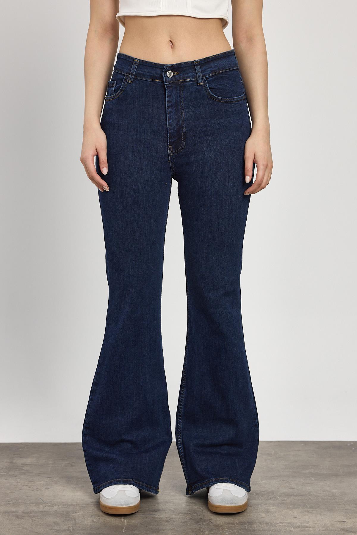 Koyu Mavi Yüksek Bel Flare Kesim Kadın Jean Pantolon 12036 - RAYS